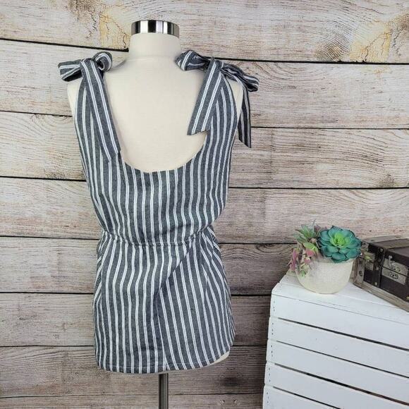 Mod Ref Women's Mini Dress Tie Shoulder Cinched Waist Stripes Gray Large - Picture 3 of 5